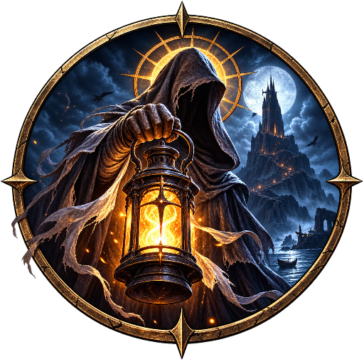 Hooded figure holding a glowing lantern before the island Tower